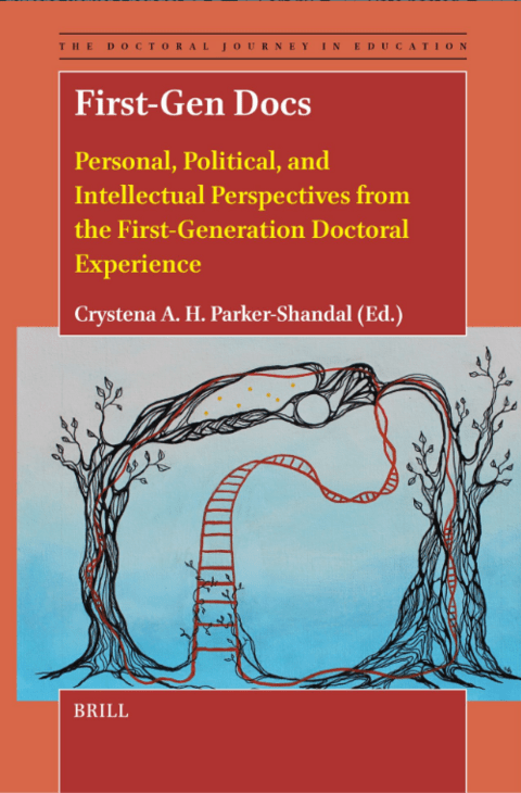 Cover of First Gen Docs book. Includes a line drawing of two trees that are intertwining with a ladder between. 