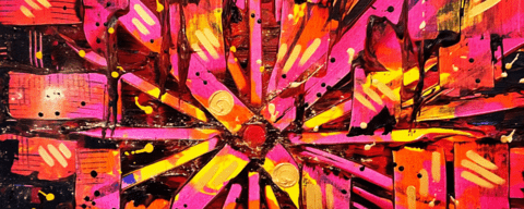 Painting that looks like a sunburst stain glass, using reds, pinks, yellow, and black. 