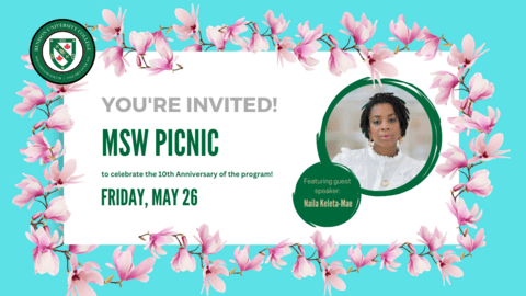 You're invited to the MSW tenth anniversary picnic. Includes image of Naila Keleta Mae on a blue background with magnolias. 