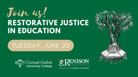 Image with chairs placed around a tree. Also includes the title and date, along with the Renison and Conrad Grebel logos. 