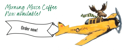 Moose flying a yellow plane, with text reading 'Morning Moose Coffee now available, order now"