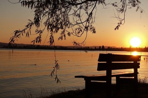 Bench in silhouette on a beach, with a sunset in the background. 