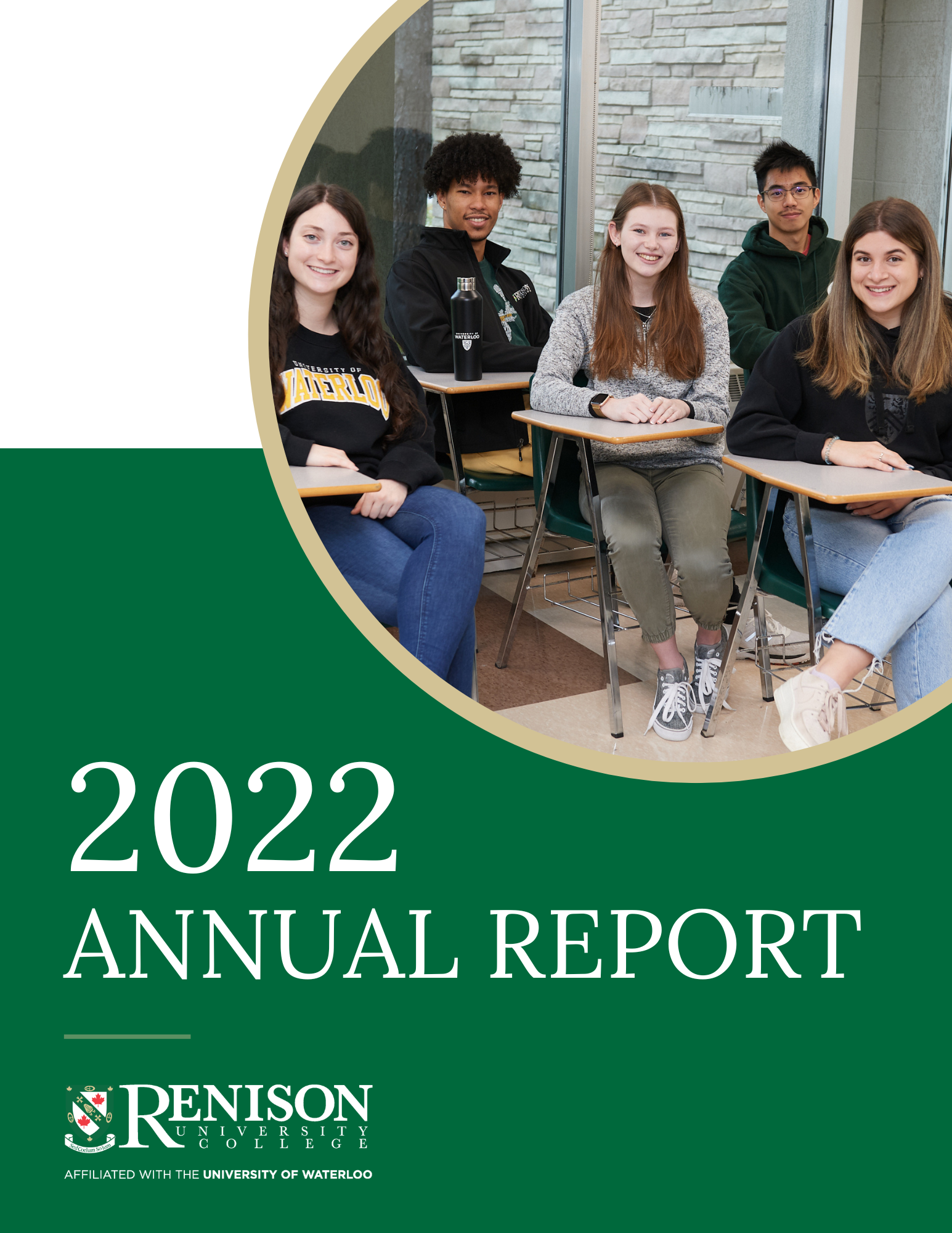 2022 Annual Report Cover, features students sitting at desks and smiling. 