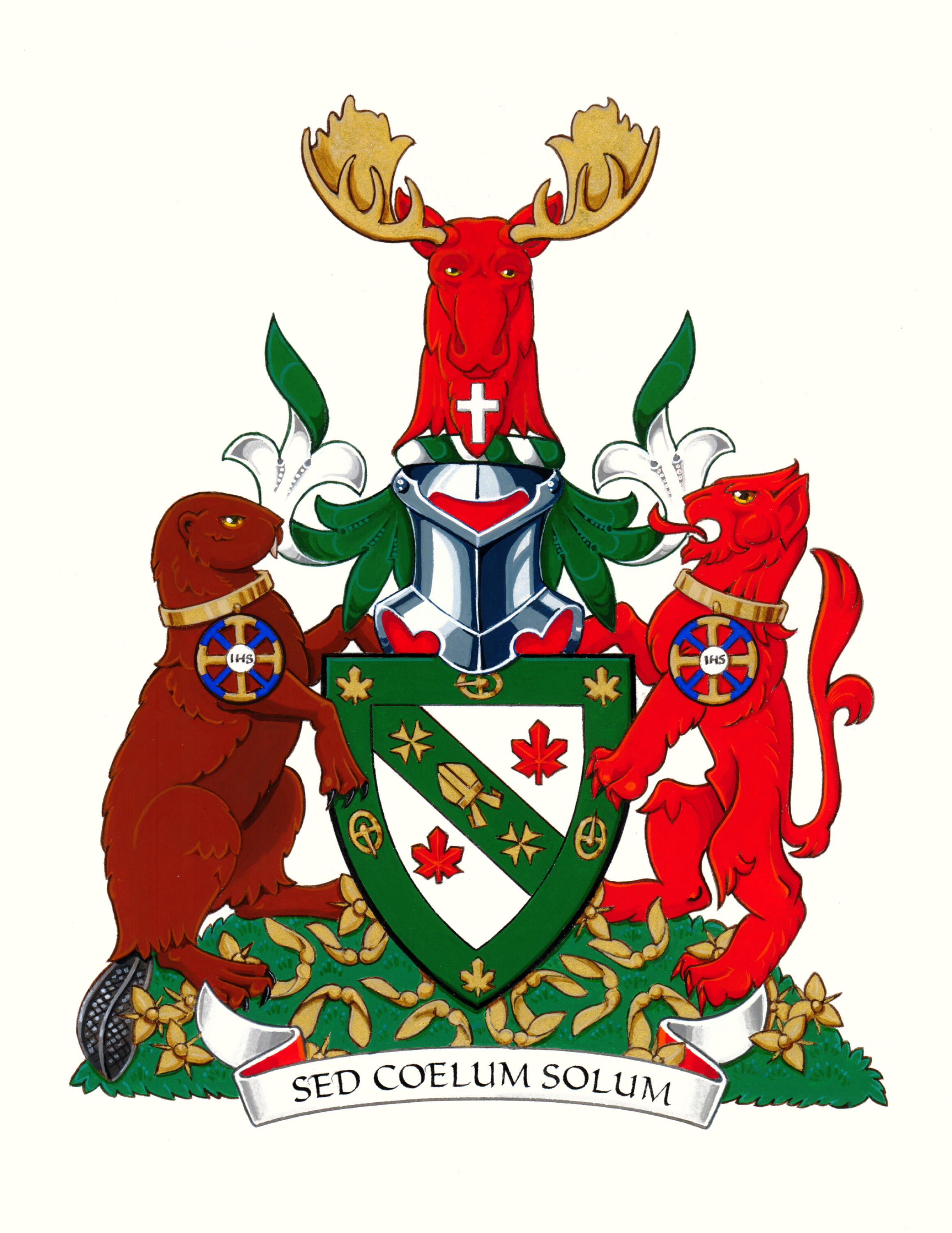 Renison coat of arms, featuring a moose at the top, beaver on the left, and lion on the right.