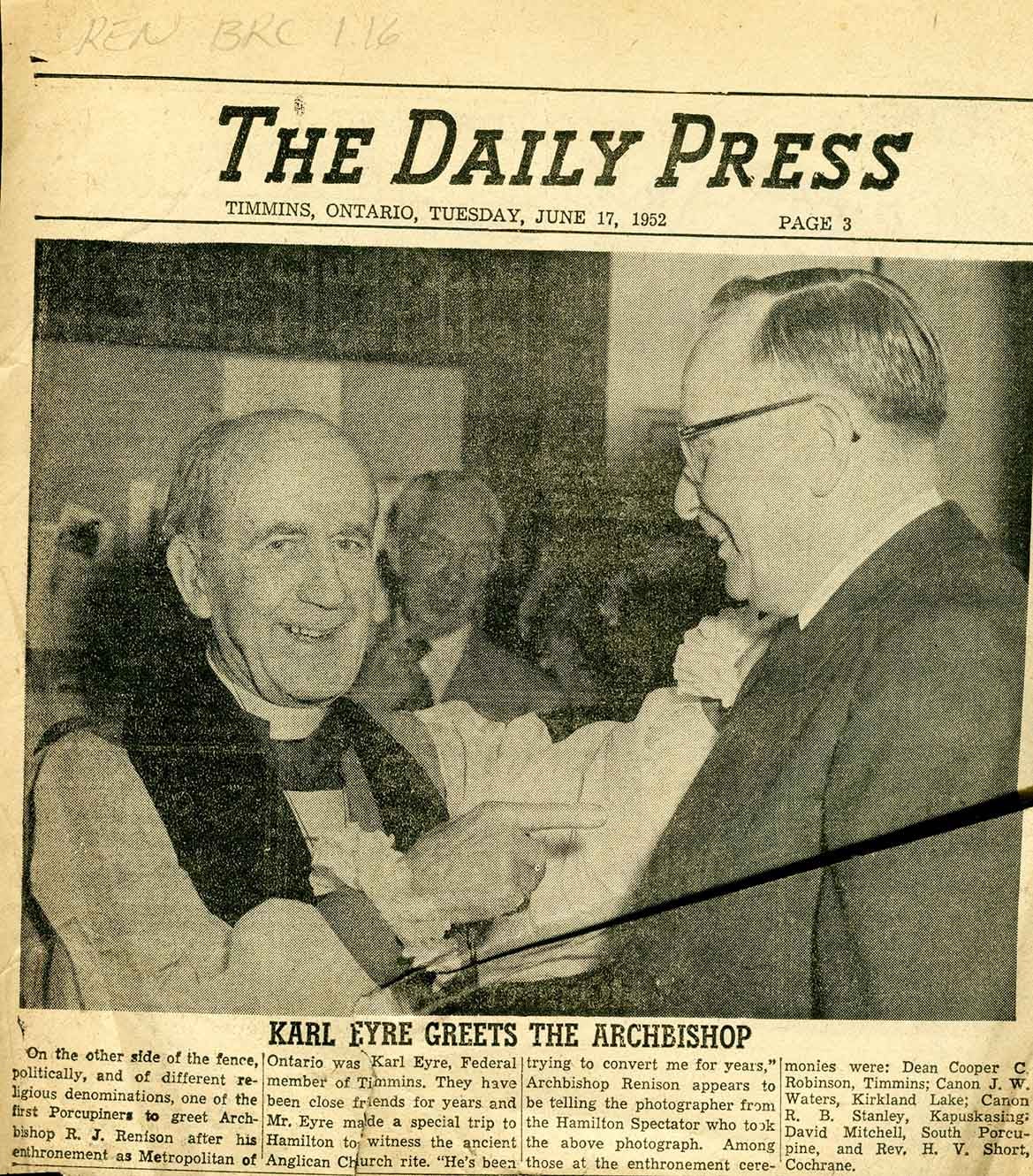 Newspaper standalone of the Archbishop with Karl Eyre
