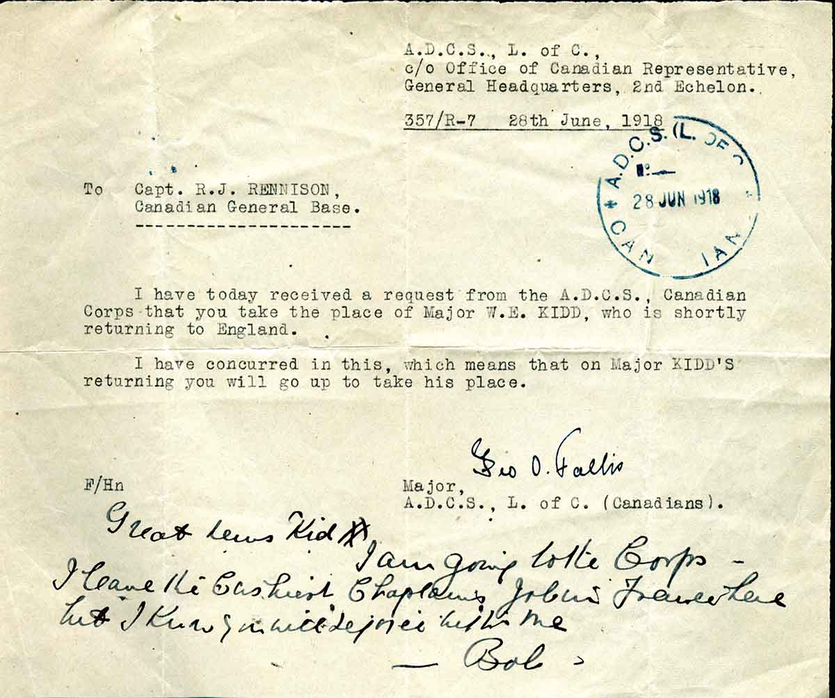 A telegram requesting that Captain R.J. “Rennison” leave for the front 