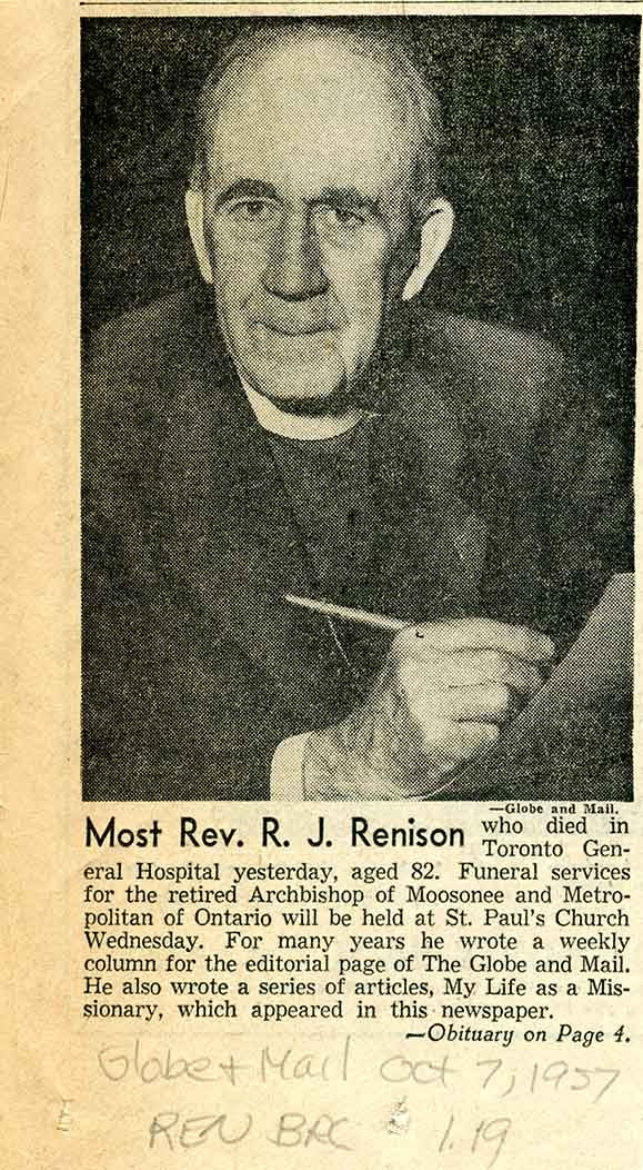 Announcement of the death of The Most Reverend Robert J. Renison