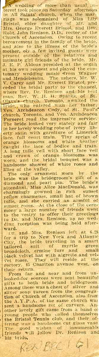 Announcement of the marriage of the Rev. Robert J. Renison to Elizabeth Bristol 