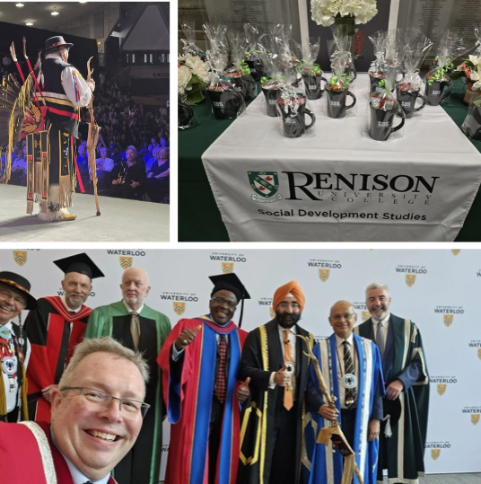 Top Left: Elder Henry at Spring 2026 Convocation. Top right: Social Development Studies mugs for SDS grads. Bottom: President Marc Jerry with other convocation stage people
