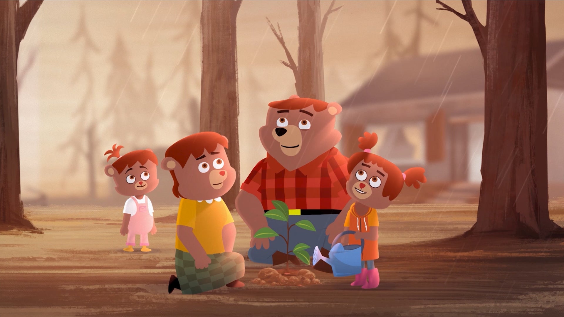 Family of cartoon bears standing in a forest after a fire has burned most of the trees.