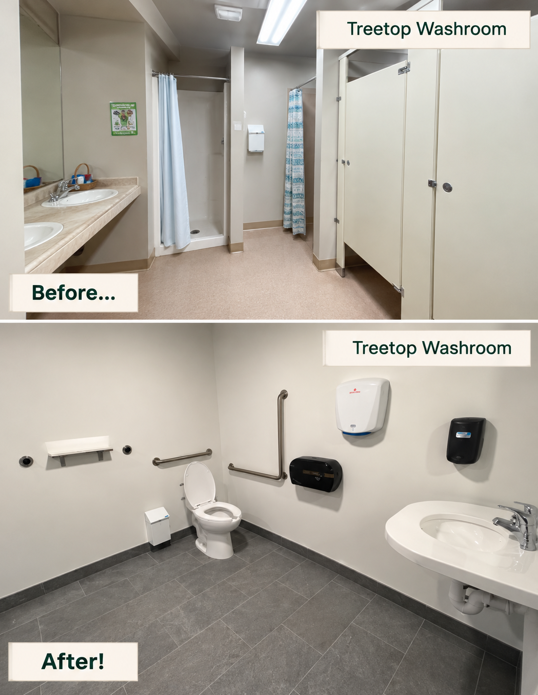 Treetop Washroom Before (top) and after (bottom)