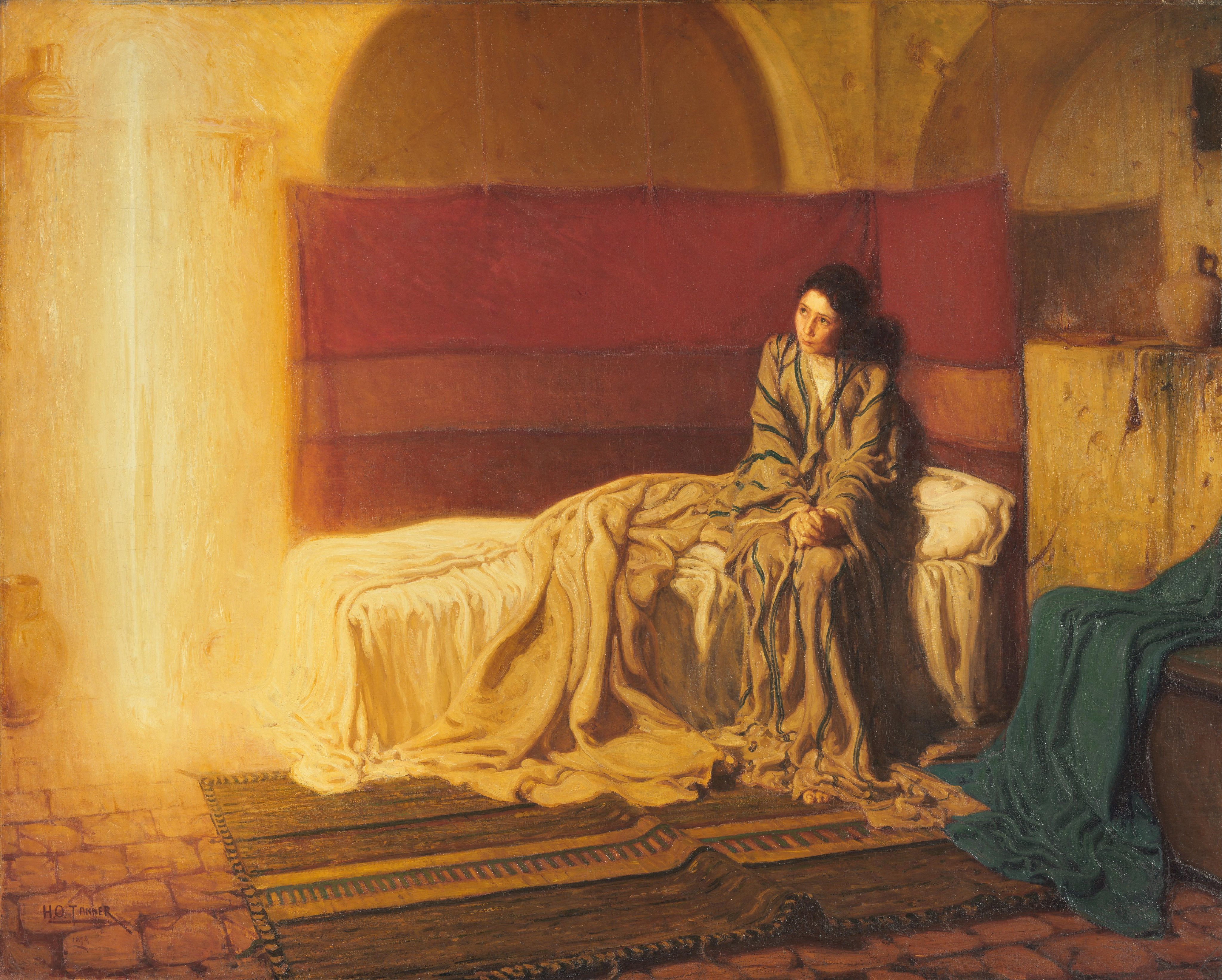 Painting of Mary at the Annunciation. On the left there is a strong bright light, and Mary is sitting on a bed on the right. She is a young woman, wrapped in a blanket, and is looking in awe at the light.