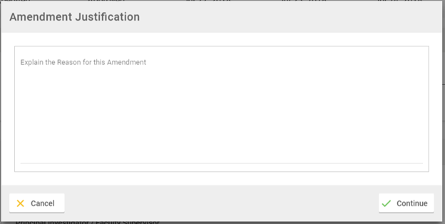 Example text box for amendment justification and two action buttons