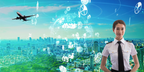 Woman standing in from of a city scape and a plane flying off in the distance