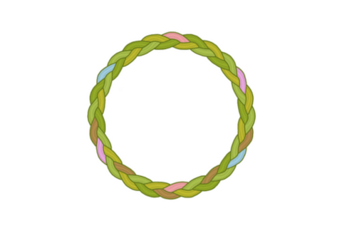 This image displays a circle of braided Sweetgrass that is mainly various shades of green, but has blue, pink, and purple strands braided in throughout, and brown strands braided in at the bottom.