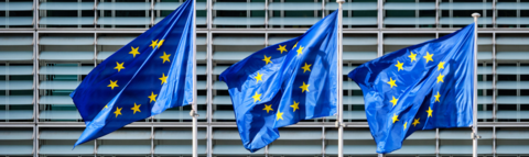 Three flags, blue with gold stars, blowing in the wind outside a building