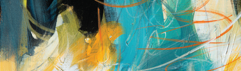 Abstract painting with blue, yellow and gold paint