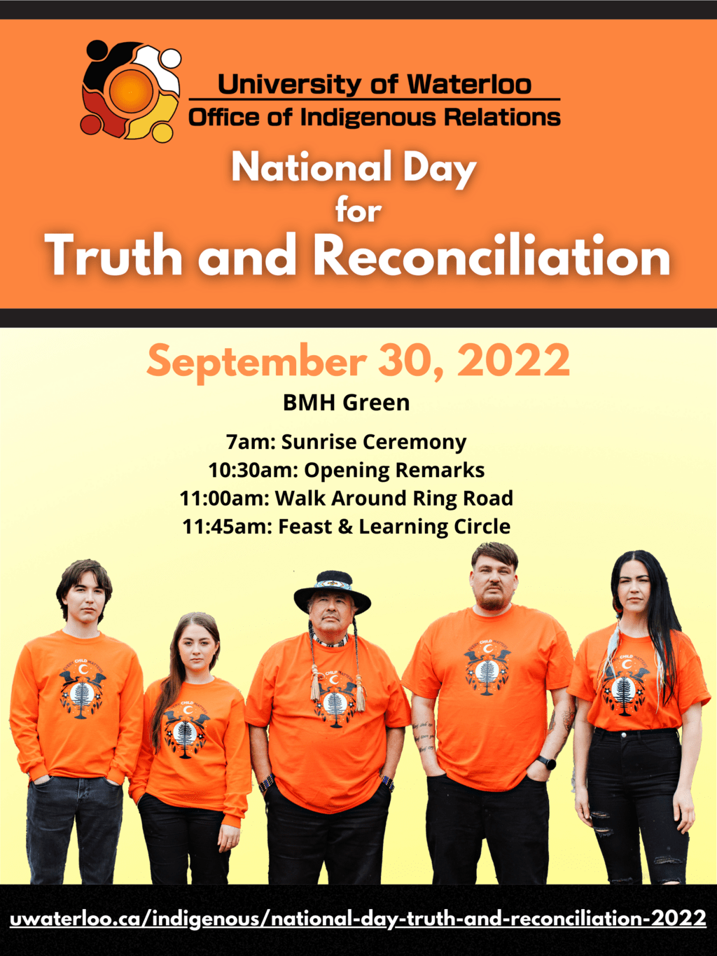 Five people wearing orange shirts with text about National Day for Truth and Reconciliation