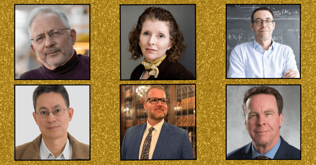 Headshots of five male and one female University of Waterloo researchers on a gold sparkle background