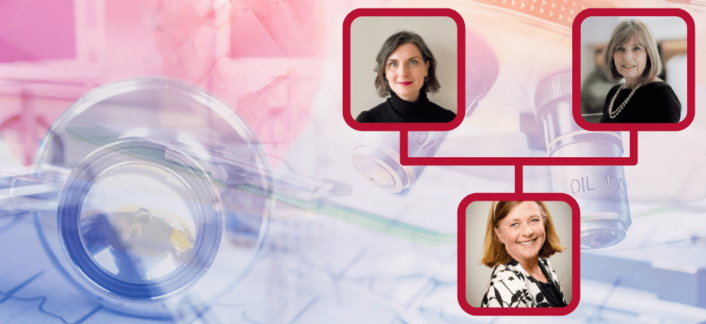 Image of three women overlaid on backgroud image of stethoscope and computer