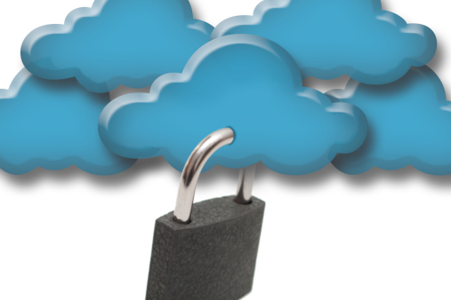 Graphic of blue clouds with a padlock