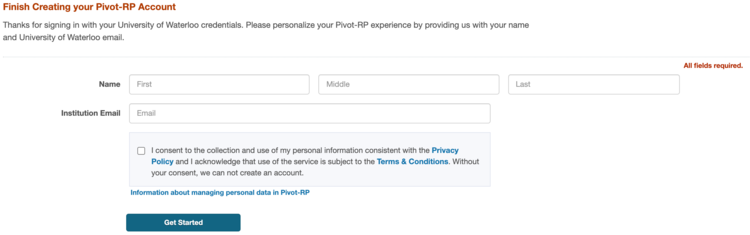 Picture of &quot;finish creating account&quot; section. It will ask you for your first and last name, institutional email and consent checkbox.