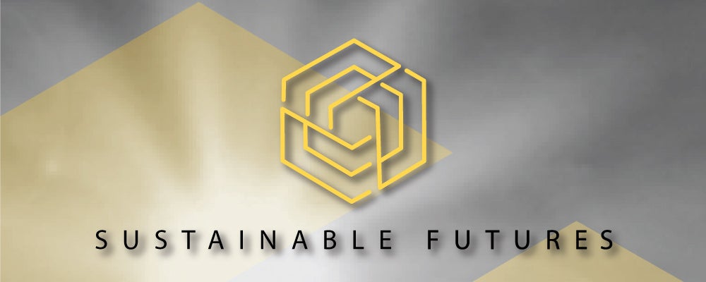 Sun burst with hexagon overlay and text, 'Sustainable Futures'