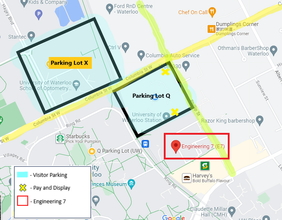 Map of University of Waterloo campus with visitor parking, pay and display, and E7 highlighted