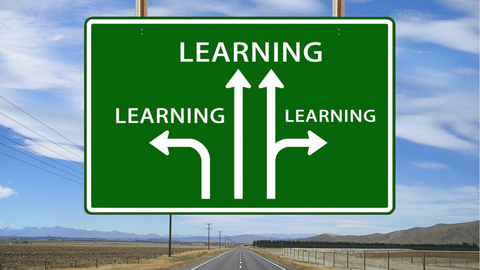 Road sign indicating "Learning" in three directions