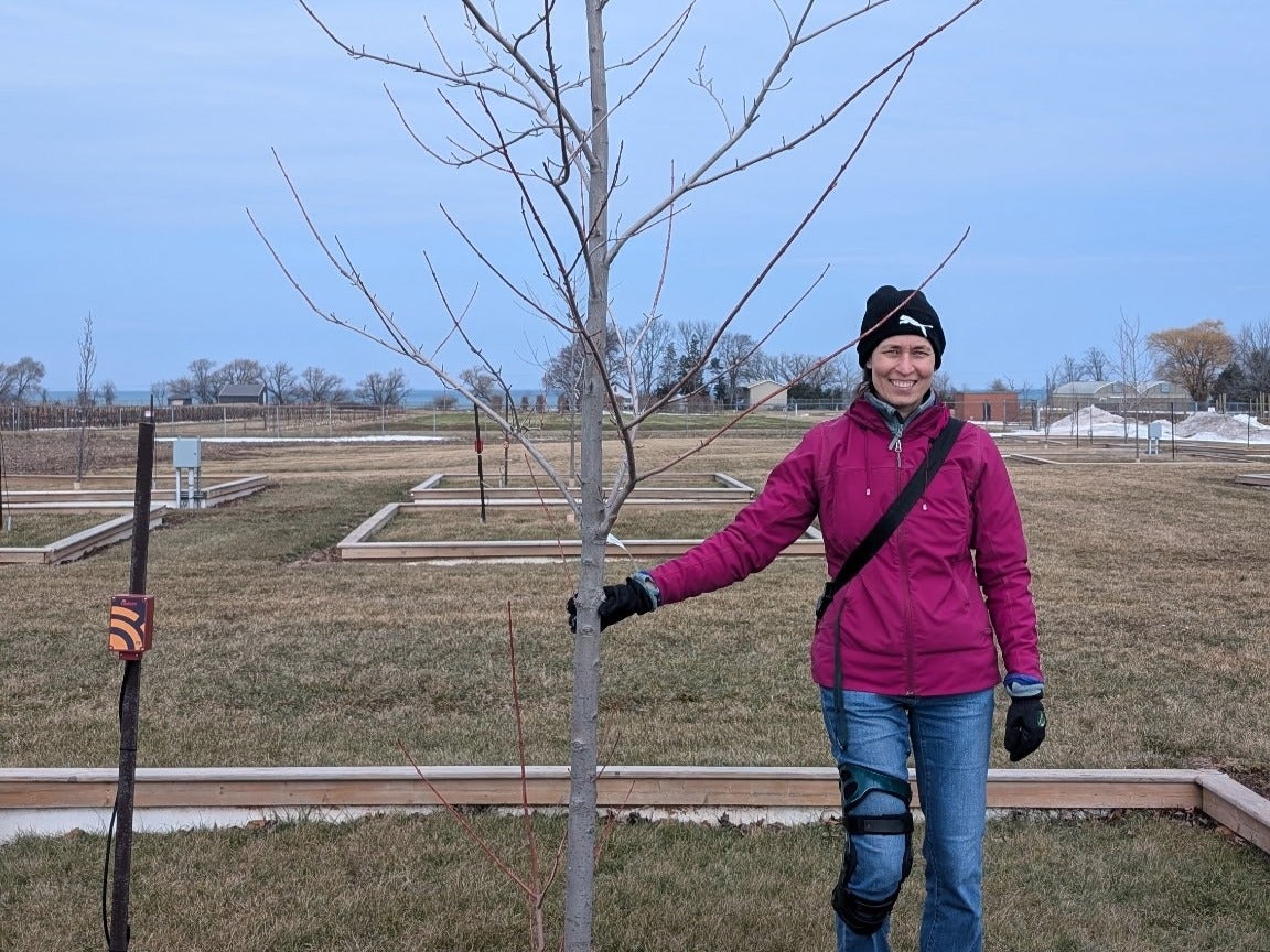 Julie Messier standing beside a tree at the outdoor TreeCulture Park at Vineland Research & Innovation Centre.