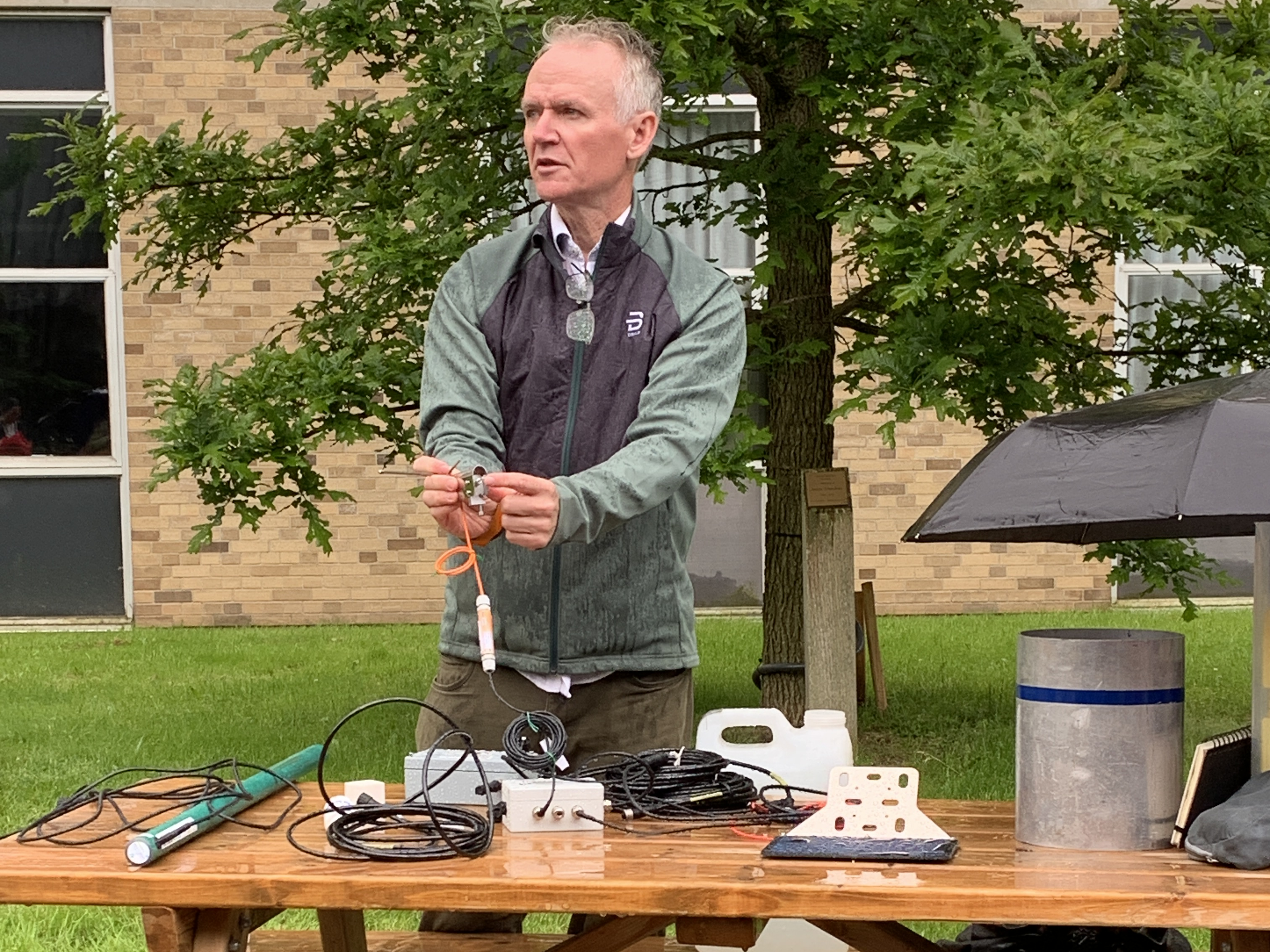 Dr. Bruce MacVicar providing an overview of the stormwater hydrology instrumentation to field day participants. 