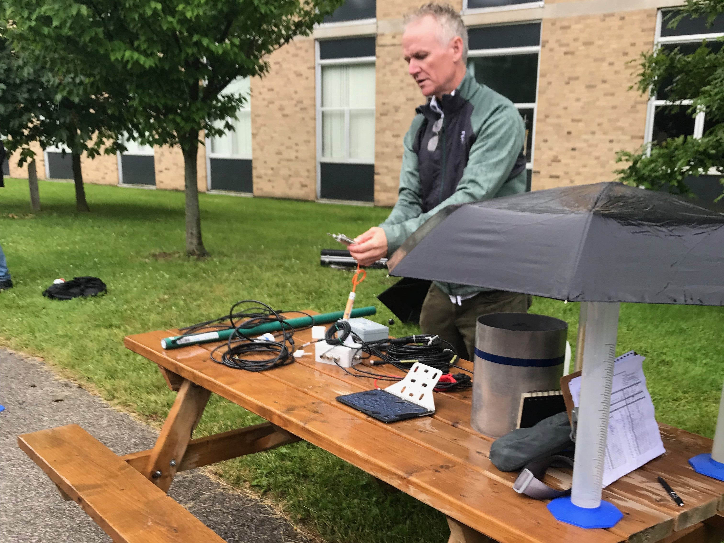 Dr. Bruce MacVicar providing an overview of the stormwater hydrology instrumentation to field day participants. 