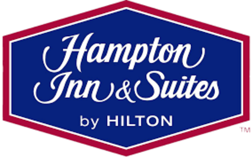 Hampton Inn &amp; Suites by Hilton logo is white script text on blue background