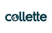 Collette logo with dark blue letters and a world map filling the letter O.