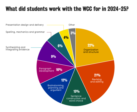 Pie chart showing the reported areas of writing support needed: organization and structure (22%), revising and editing (21%), sentence construction and word choice (13%), brainstorming, planning and argument (12%), paragraph development (10%), synthesizing and integrating evidence (9%), spelling, mechanics and grammar (6%), presentation design and delivery (4%), and other (3%).