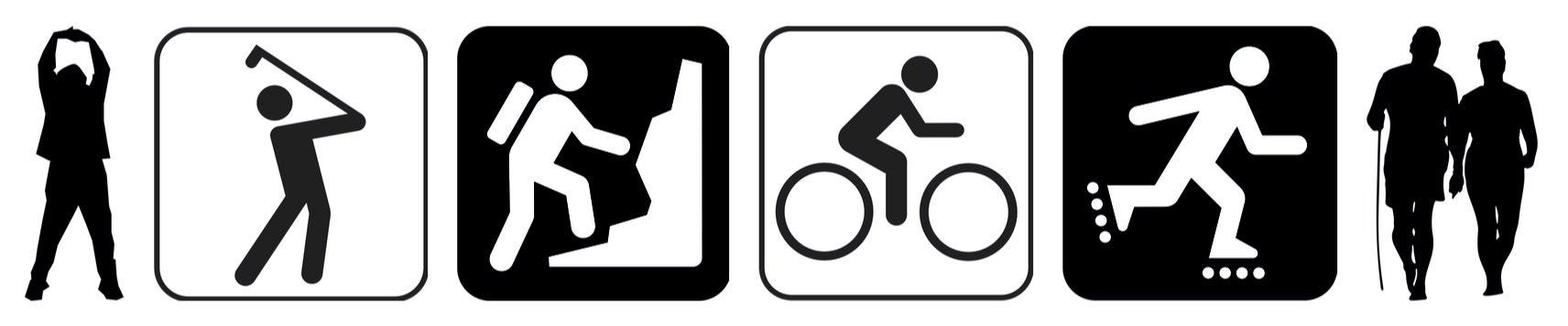 Graphic figures stretching, golfing, biking, hiking and walking