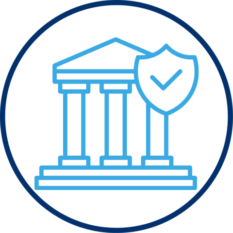 Graphic of an institutional building with a checkmark