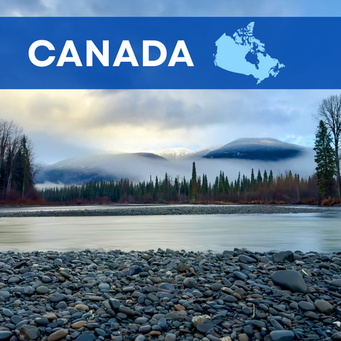 Photo of a river and mountain with the text "Canada" and an outline of Canada