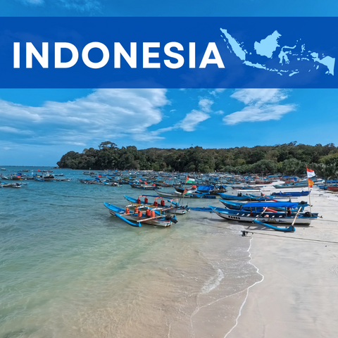 Fishing boats on a tropical coastline with the text "Indonesia" and a country outline of Indonesia