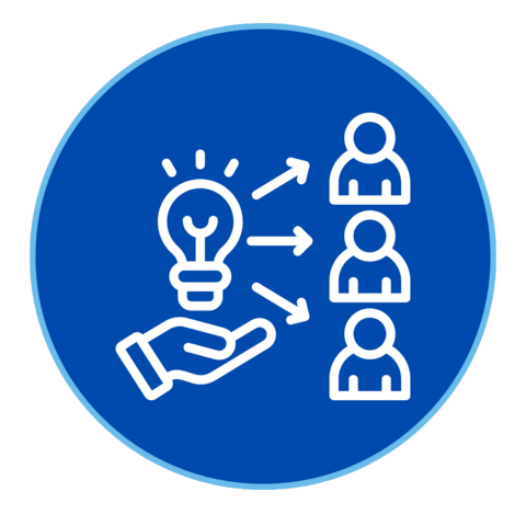 Icon of hand holding a lightbulb and arrows pointing to people