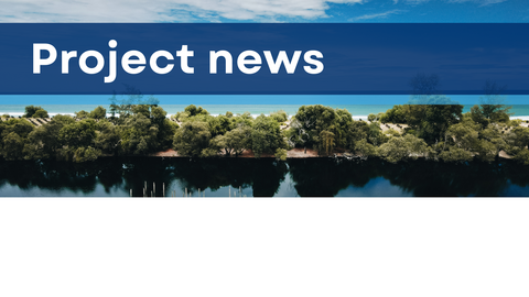 A long stretch of coastal shoreline with vegetation and sand, and the text "Project news"