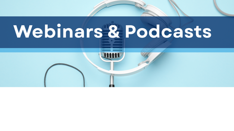 Microphone and headphones with text "Webinars and podcasts"
