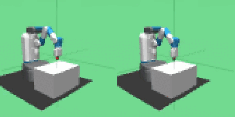 Side-by-side Simulation of a Robot Arm on a Green Background