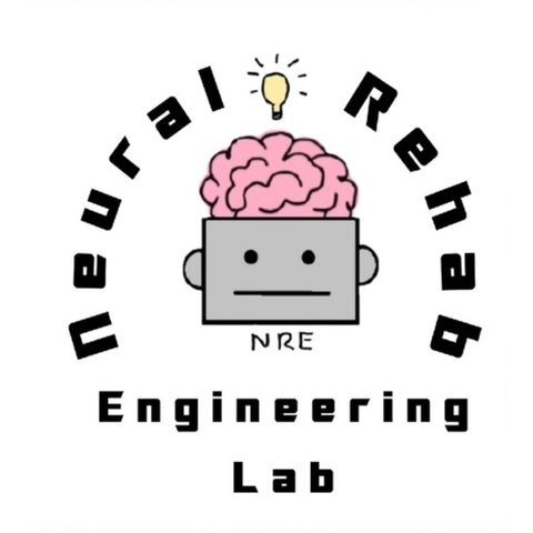 Cartoon robot head with brain sticking out the top and a lightbulb above it with neural rehab engineering lab written around the drawing