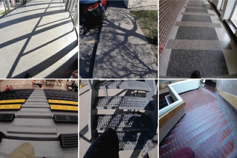 Ten different challenging camera views of shadows, patterns, and stairs