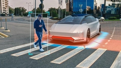 Pedestrian walking near self-driving car