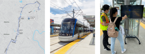 Maps ION Light Rail stations, image of ION train, and testing with participants