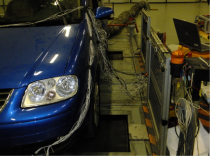 Automobile on test drum with cables