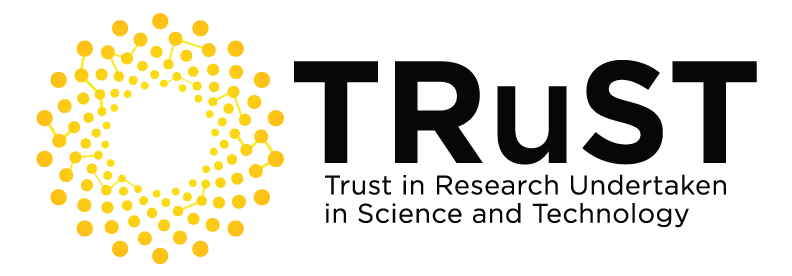 Logo for the TRuST network with the full title: Trust in Research Undertaken in Science and Technology