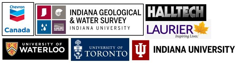 Logos for Chevron Canada, Indiana Geological Survey, Halltech, Wilfrid Laurier U, UWaterloo, U Toronto, Indiana U